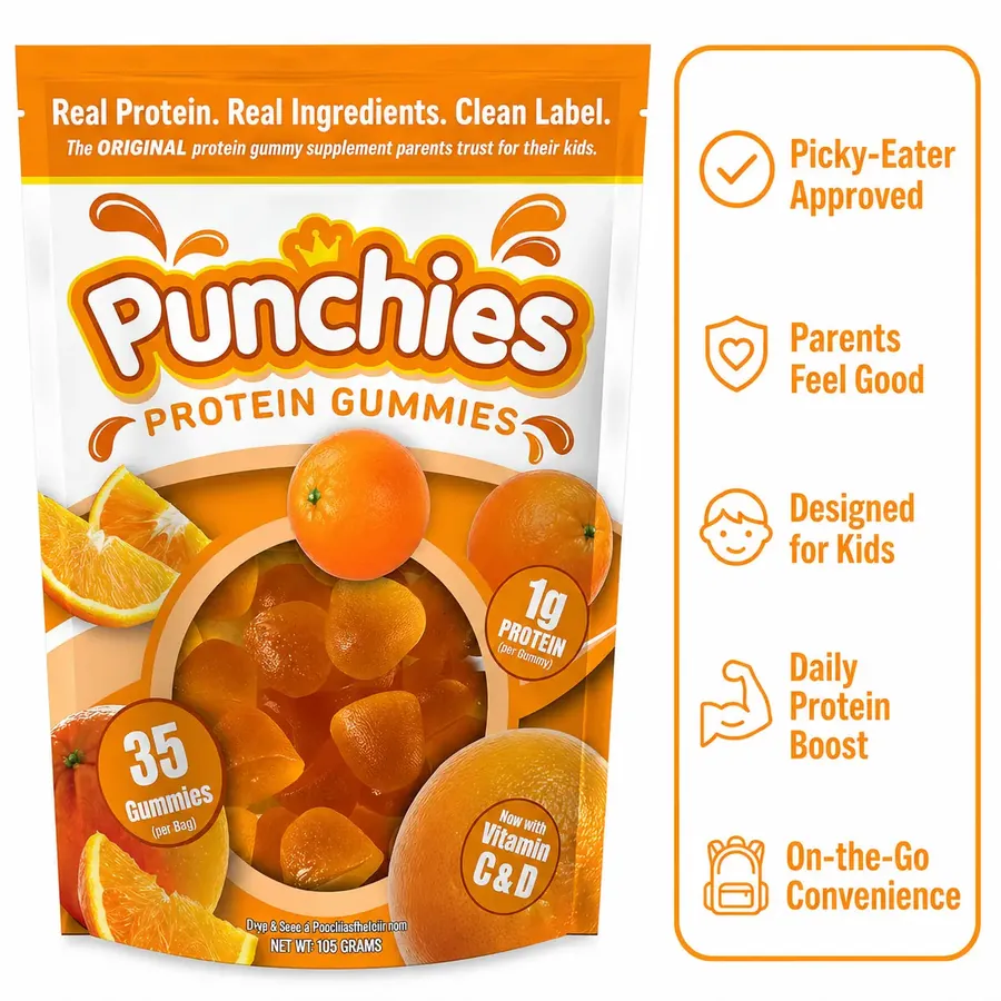 Protein fruit gummies: Punchies orange protein gummies bag with label callouts
