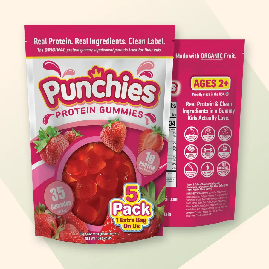 Protein fruit gummies: Punchies strawberry protein gummies, 5-bag pack