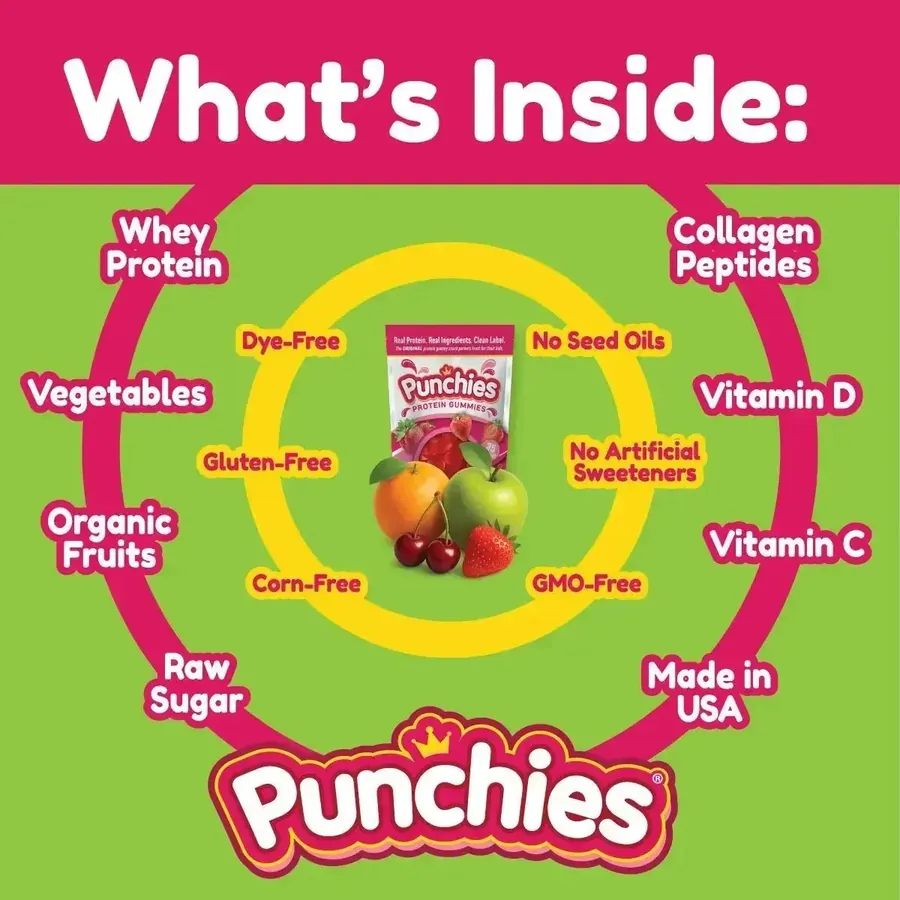 Protein fruit gummies: what is inside Punchies protein gummies: whey protein, collagen peptides, vitamin C and D, organic fruits and raw sugar